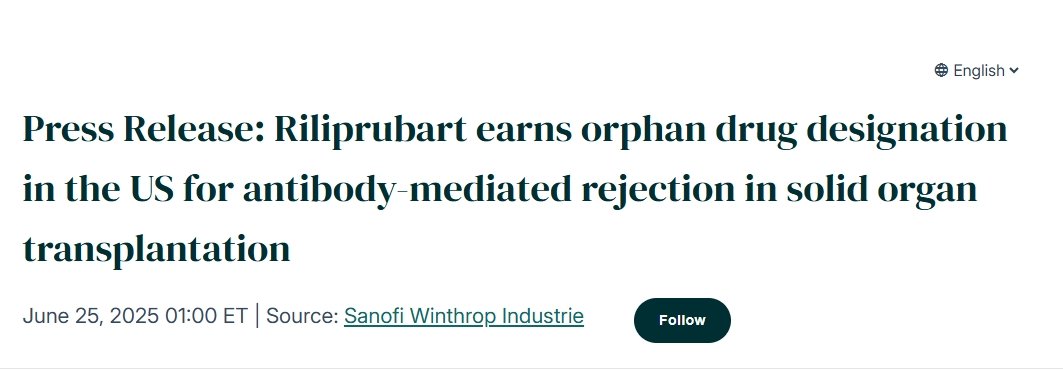 赛诺菲新药riliprubart获FDA孤儿药认定